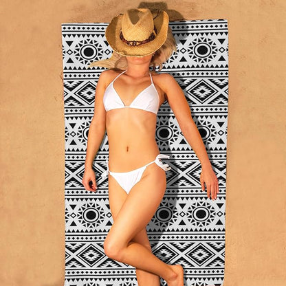 Microfiber Beach Towel, Traditional Ethnic Black White Geometric Beach Towels for Women Men, Extra Large 29.5” X 59”, Quick Drying Lightweight Sand Free Bath Swim Towel