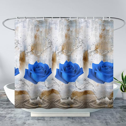 AILONEN Blue Rose Shower Curtain for Girls 3D Rose Water Droplet Retro Bathroom Decor,Modern Rose Flower Couple Lover Women Bath Curtain 72" W*78" H Polyester Waterproof Bathroom Curtain with Hooks