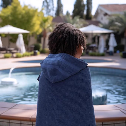 Hooded Bath Towel Wrap - 100% Cotton Popcorn Large Oversized Hooded Kids Towel - Toddler Shower Pool Beach Towel - 600 GSM - Soft Absorbent Quick Dry Easy Care Gift - 30x52 inches - Navy
