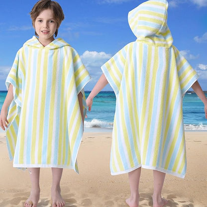 VOOVA & MOVAS Poncho Towels for Kids - 100% Cotton (4-8Years) - Absorbent Quick Dry Lightweight Hooded Towel Robe for Pool | Swim | Beach | Bath | Bathroom, Yellow Blue Stripe