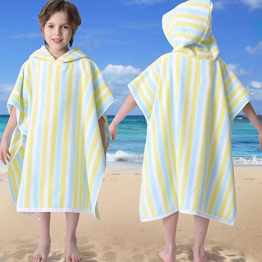 VOOVA & MOVAS Poncho Towels for Kids - 100% Cotton (4-8Years) - Absorbent Quick Dry Lightweight Hooded Towel Robe for Pool | Swim | Beach | Bath | Bathroom, Yellow Blue Stripe