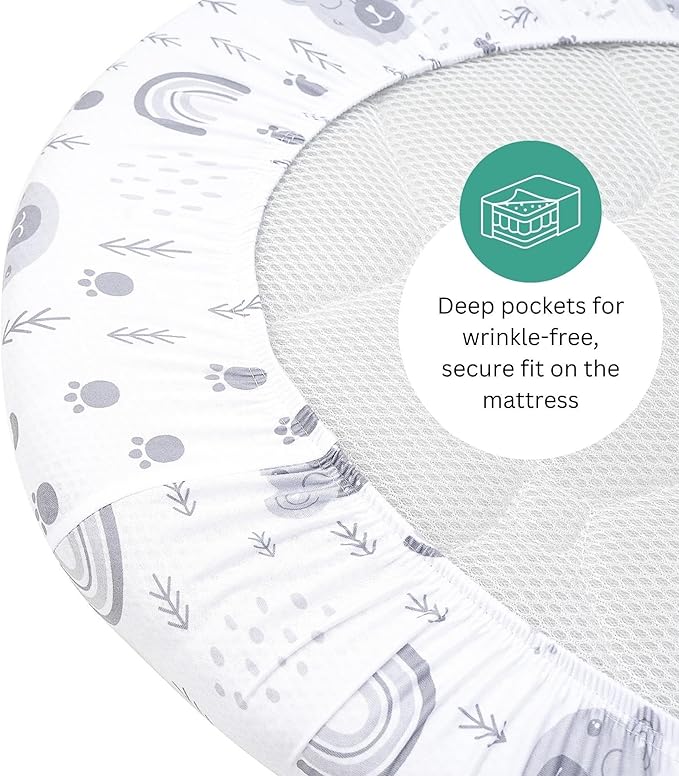 TansyPanda Bassinet Sheets for Munchkin Brica Pod, 4moms MamaRoo, Nordmiex, Beberoad Travel Bassinet, 3PC, 18 x 30 Inch, Ultra Soft, Breathable, Snug Fit, Unisex Boys and Girls (Woodland Rainbow)