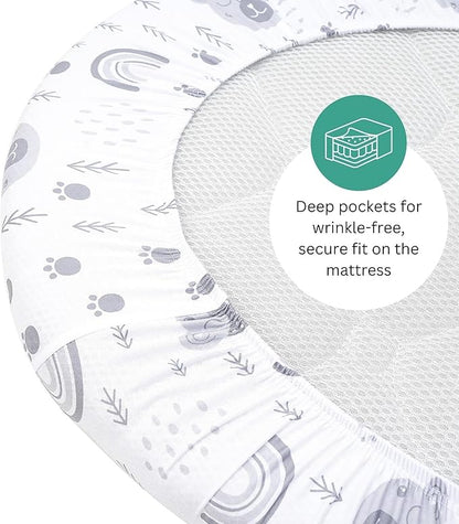 TansyPanda Bassinet Sheets for Munchkin Brica Pod, 4moms MamaRoo, Nordmiex, Beberoad Travel Bassinet, 3PC, 18 x 30 Inch, Ultra Soft, Breathable, Snug Fit, Unisex Boys and Girls (Woodland Rainbow)