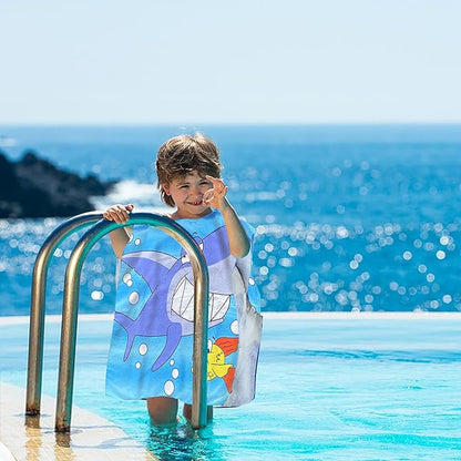 Fish Beach Towel with Hood for Boys Girls Shark Kids Hooded Bath Towel Toddler Swim Pool Cover Up for 2-4 Years