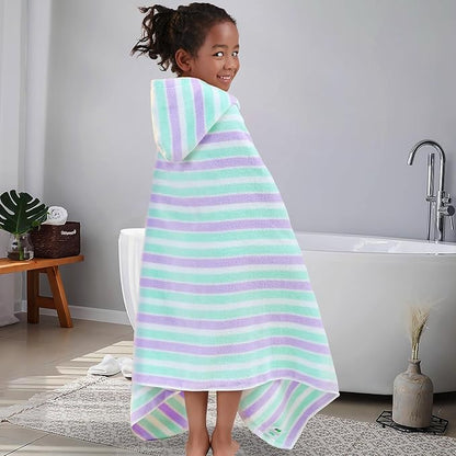 VOOVA & MOVAS Kids Hooded Bath Towels Quick Dry - (3-10Years) - Absorbent Lightweight Hooded Cotton Towel for Pool | Swim | Beach | Bath, Boys Wrap Towel with Hood, Aqua Purple Stripe