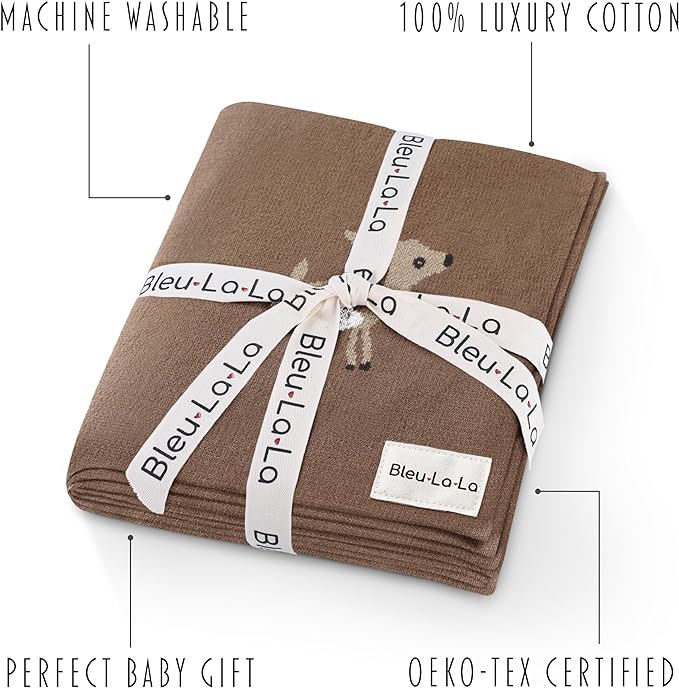 Knit Baby Swaddling Blanket - 100% Cotton Lightweight Soft Cozy Receiving Swaddle Crib Stroller Quilt Blanket for Shower Gift Registry for Newborns, Infants, Toddlers (Deer - Mocha)