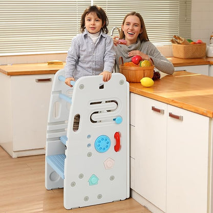 SDADI Multifunctional Toddler Tower with Double Safety Rails - Adjustable & Non-Slip for Kitchen and Bathroom Use - Montessori Step Stool for Kids, Beige and Baby Blue