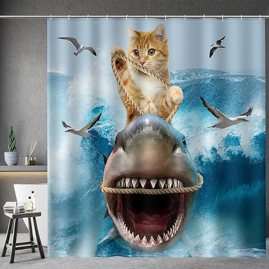 Aimego Long Funny Shower Curtain - Cute Cool Cat Riding Shark Ocean Wave Fun Fabric Cloth Shower Curtain Set with 12 Hooks for Adults Kids Bathroom Decor Accessories Bathtub Curtain, 72"x78"
