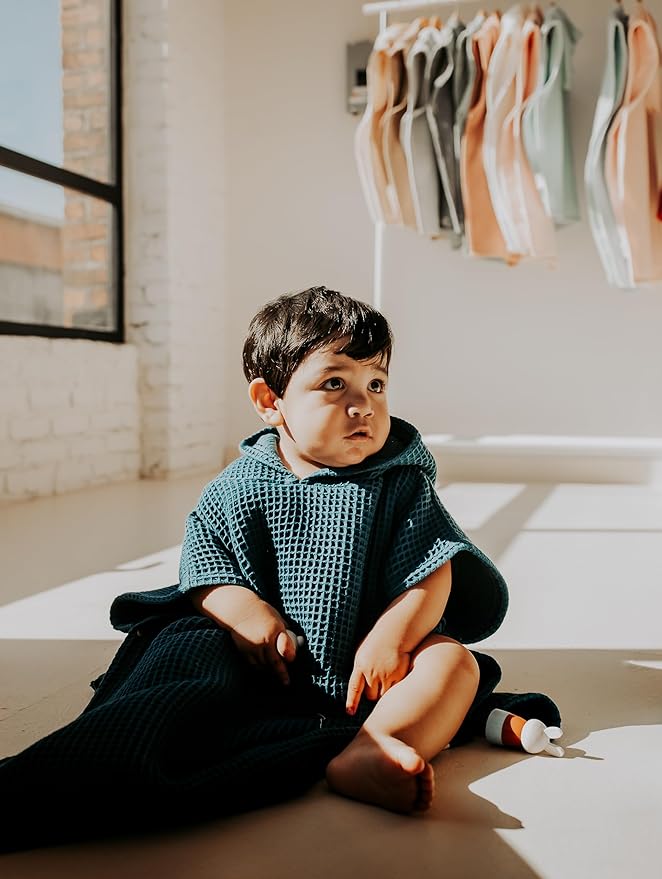Hooded Towel for Kids | Snaps into a Poncho | Organic Cotton Waffle | Lightweight and Absorbent | Bath, Beach, and Pool | Multiple Colors | (Medium (3-6 Yrs), January Aqua)