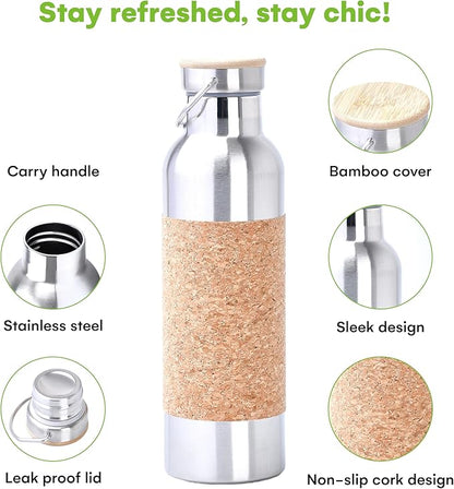 SteadyDoggie 25oz Yoga Water Bottle - Non-Slip Cork Design - Double Wall Vacuum Insulation - Leak-Proof Cap - Metal Tumbler For Hot & Cold Drinks - With THIN DETACHABLE Cork SLEEVE- 10.3 x 3 in