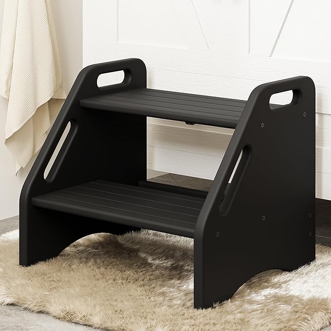 AMBIRD Wooden Step Stool, Two Step Stools 300 lbs Capacity with Safety Non-Slip Pads and Handles, Bamboo Step Stool for Bathroom, Kitchen Step Stools Dual Height Step Stools for Adults (Black)
