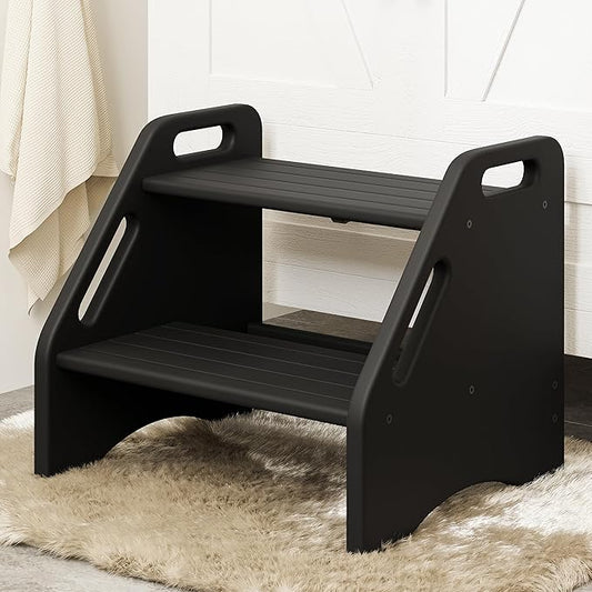 AMBIRD Wooden Step Stool, Two Step Stools 300 lbs Capacity with Safety Non-Slip Pads and Handles, Bamboo Step Stool for Bathroom, Kitchen Step Stools Dual Height Step Stools for Adults (Black)