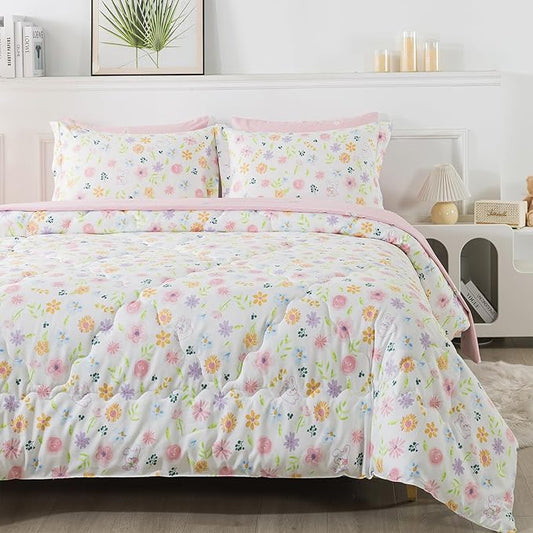 Wajade Floral Comforter Set Bed in A Bag Twin Size 7 Piece Pink Botanical Flower and Green Leaves Bedding Set for Girls (1 Comforter, 1 Flat Sheet, 1 Fitted Sheet, 2 Pillowcase and 2 Pillow Sham)