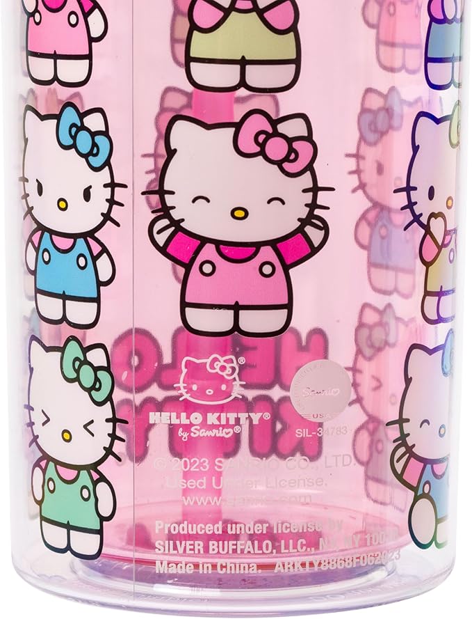 Silver Buffalo Sanrio Hello Kitty Expressions Poses Plastic Cold Cup with Lid and Straw, 20 Ounces