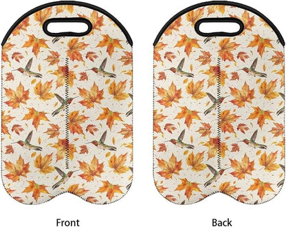 doginthehole 2 Bottle Wine Carrier Tote Fall Maple Leaves Hummingbirds Print Wine Bag 750ML Portable Neoprene Wine Bottle Travel Protector Champagne Bag with Handle for Picnic, Thanksgiving Party