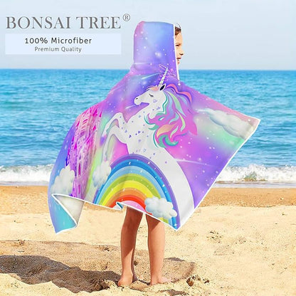 Unicorn Hooded Beach Towel for Kids, Cute Rainbow Bath Towel with Hood for Girls, Pink Magic Castle Microfiber Super Absorbent Soft Poncho Bathrobe for Swin Pool 30”x50”
