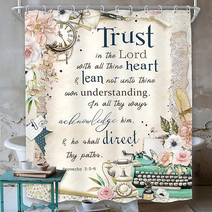 MESHELLY Vintage Christian Shower Curtain 60Wx72H Retro Floral Bible Verse Rustic Farmhouse Pink Flower Quotes Bathroom Curtain Scriptures Bath Curtain Fabric Bathroom Accessories Decor with 12 Hooks