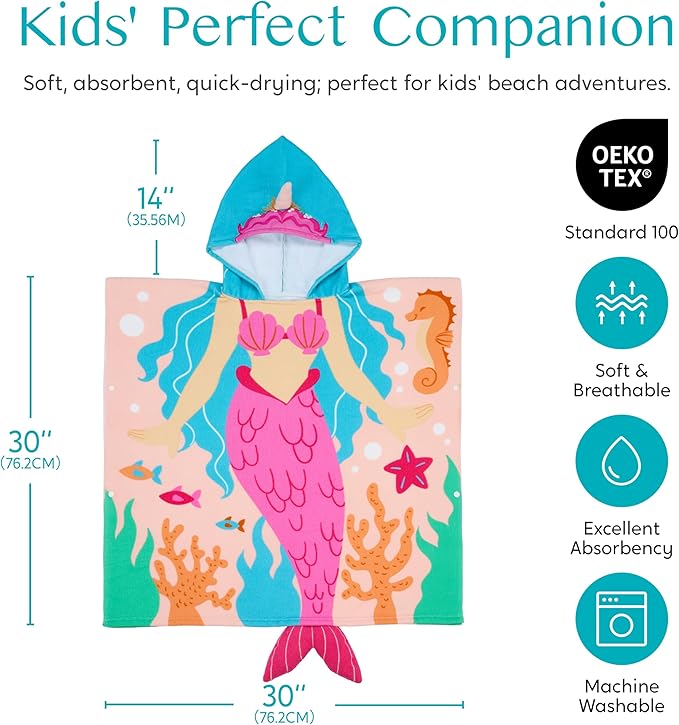 Joiedomi Kids Beach Towel - Mermaid Hooded Bath Towel - for Boys Girls 3-10 Years 30" x 30" - Toddler Soft Absorbent Swim Pool Towel- Quick Dry Microfiber Surf Poncho