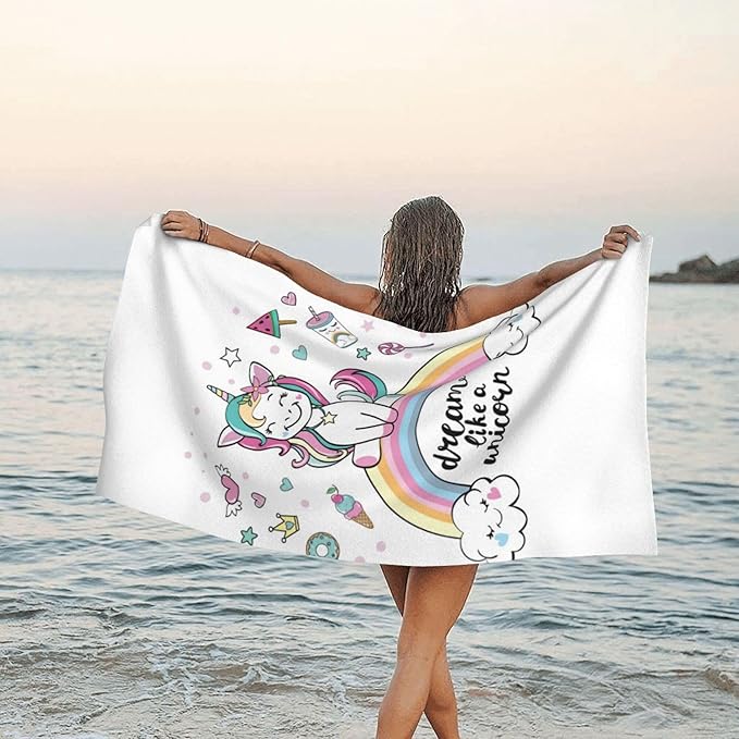 Microfiber Beach Towel, Cute Dream Unicorn on a Rainbow Beach Towels for Women Men, Extra Large 29.5” X 59”, Quick Drying Lightweight Sand Free Bath Swim Towel