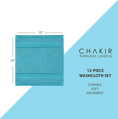 Chakir Turkish Linens |Hotel & Spa Quality 100% Cotton Premium Turkish Towels | Soft & Absorbent (12-Piece Washcloths, Aqua)