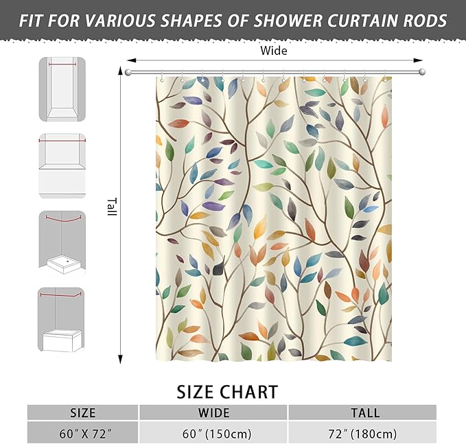 Boho Floral Shower Curtain, Spring Colorful Botanical Flower Leaves Bohemian Yellow Fabric Shower Curtain Set with 12 Hooks, Bathroom Bathtub Accessories Decor Cloth Curtain 60x72 Inches