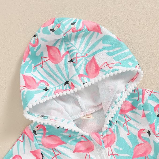 Toddler Beach Towel with Hood Kids Waffle Swim Cover Up Bath Towel Surf Poncho Boys Girls Hooded Beach Towel (Green Flamingo, 5-6 Years)