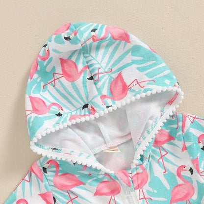 Toddler Beach Towel with Hood Kids Waffle Swim Cover Up Bath Towel Surf Poncho Boys Girls Hooded Beach Towel (Green Flamingo, 5-6 Years)