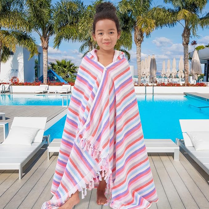Hooded Bath Towel for Kids (3-10Years) - Soft, Absorbent Oversized Turkish Cotton Pool Towels with Hood for Toddler,Perfect for Bath | Beach | Pool | Swim, Jacquard, Color Stripe with Tassels