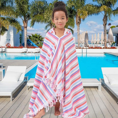 Hooded Bath Towel for Kids (3-10Years) - Soft, Absorbent Oversized Turkish Cotton Pool Towels with Hood for Toddler,Perfect for Bath | Beach | Pool | Swim, Jacquard, Color Stripe with Tassels