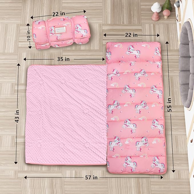 Nap Mat- Toddler Nap Mat with Pillow & Fleece Blanket- 55''*35''*3''Nap Mat for Toddlers- Nap Mats for Preschool, Daycare