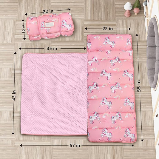 Nap Mat- Toddler Nap Mat with Pillow & Fleece Blanket- 55''*35''*3''Nap Mat for Toddlers- Nap Mats for Preschool, Daycare