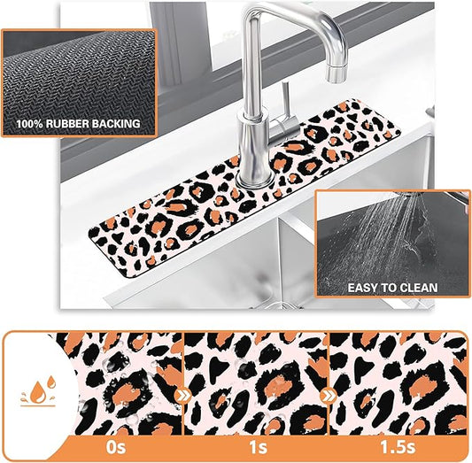 Kitchen Sink Splash Guard Faucet Mat Leopard Rosettes Sink Splash Guard Behind Faucet,1 PC Soft Diatom Mud Non-Slip Mat -for Kitchen,Sink Mat,Dish Drying Mat,Bathroom Faucet Mat 23.5"X5.5"