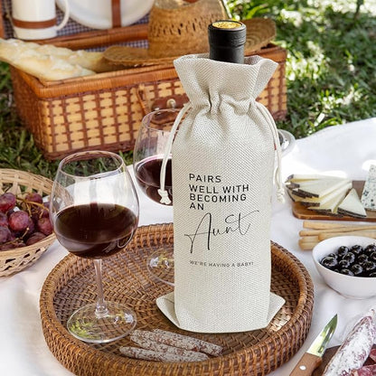 Pairs Well with Becoming An Aunt - Gifts for Sister Wine Bags, 1 PC Reusable Drawstring Burlap Wine Bottle Bags, Baby Announcement Gifts for Women Ladies, Wine Gift Bag Wine Accessories -39