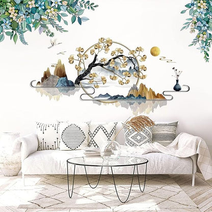 Flowers Wall Decals Vinyl Ancient Style Flowers Wall Stickers Ginkgo Landscape Painting Stickers Spring Flower Tree Branch Window Clings for Kids Room Nursery Living Room Kitchen Decor Gifts (#2)