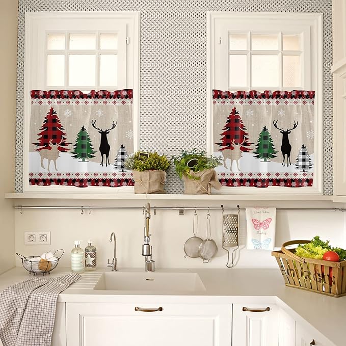 Farmhouse Christmas Kitchen Curtains and Valances Set,Rustic Plaid XMAS Tree Snowflakes Window Treatments Tiers Red Green Black Half/Short Curtains for Small Windows Cafe /Living/ Bedroom 54x24 in