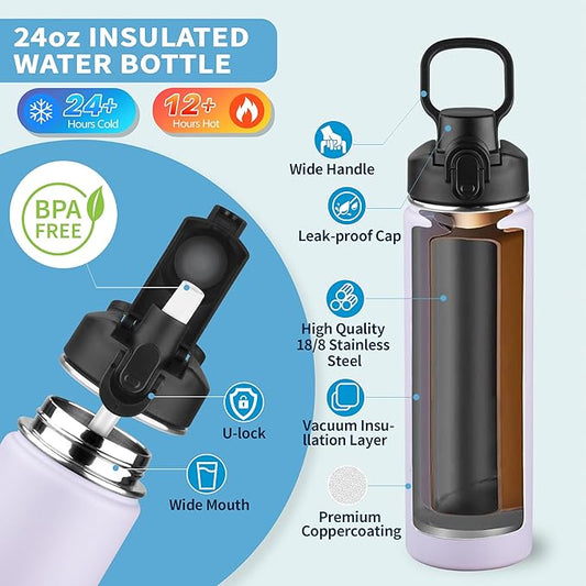 Insulated water bottle with Straw,24oz Stainless Steel Water Bottle for Adult Kids,Double Wall Vacuum Wide Mouth Insulated Water Bottle for Sports,BPA-free and Leak-proof（24oz,Lavender）