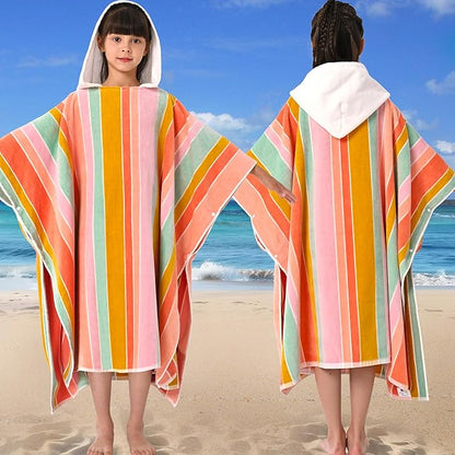 VOOVA & MOVAS Big Kids Hooded Poncho Towels for Teens (8-16Years), 100% Cotton Thick Poncho Towel, Perfect for Pool, Beach, Bath,Pink Blue Purple Stripe