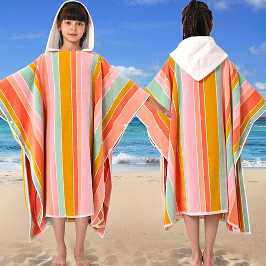 VOOVA & MOVAS Big Kids Hooded Poncho Towels for Teens (8-16Years), 100% Cotton Thick Poncho Towel, Perfect for Pool, Beach, Bath,Pink Blue Purple Stripe