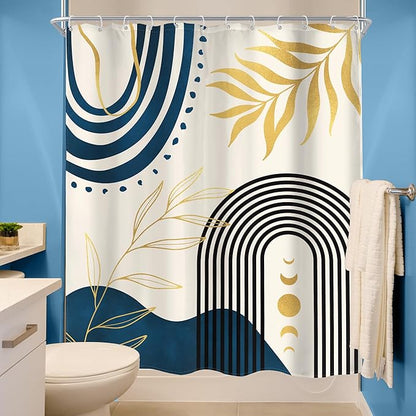 MESHELLY Navy Blue Boho Shower Curtain 60Wx72H Gold Leaves Moon Phase Minimalist Arch Bathroom Curtain Modern Bath Curtain Cloth Fabric Abstract Mid Century Bathroom Accessories Decor with 12 Hooks