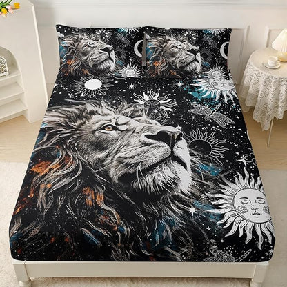 AILONEN Lion Print Twin Size Fitted Sheet Set for Boys, Sun and Moon Bed Sheet Cover Set Twin,3 Pieces Black and White Sheet Set Twin Galaxy Lion Fitted Sheet with 2 Pillowcases