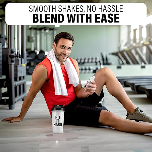 Shaker Bottles for Protein Shakes 24oz, Plastic Bottle for Pre and Post Workout, Protein Shaker Bottle with Wire Whisk Ball, Shaker Cup, Dishwasher Safe (HIT IT HARD, WHITE)