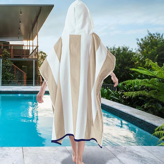 VOOVA & MOVAS Hooded Beach Towels for Boys| Girls | Teens (8-16Years), 100% Cotton Thick Poncho Towel Robe for Kids, Perfect for Pool, Beach, Bath and Gifts, Beige Stripe
