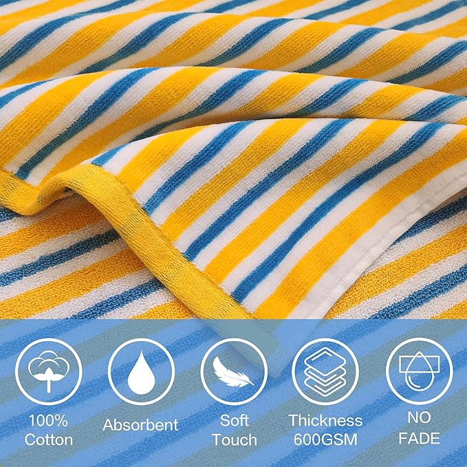 VOOVA & MOVAS Teens Beach Towels with Hood (8-16Years), Large Soft and Absorbent Cotton Hooded Pool Towel Poncho Robe - Versatile for Pool, Swim, and Bath, Blue Yellow Stripe