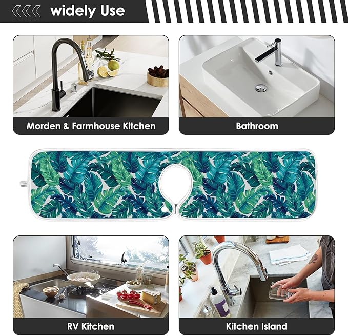 Kitchen Faucet Absorbent Mat,Turquoise Green Palm Leaves Water Splash Guard for Sink, Faucet Drip Catcher Thicken Sponge Microfiber Faucet Water Catcher Mat Sink Absorbent Mat for Kitchen 14x5in 2Pack