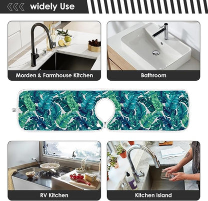 Kitchen Faucet Absorbent Mat,Turquoise Green Palm Leaves Water Splash Guard for Sink, Faucet Drip Catcher Thicken Sponge Microfiber Faucet Water Catcher Mat Sink Absorbent Mat for Kitchen 14x5in 2Pack