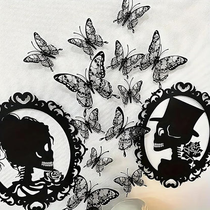 Halloween Wall Stickers 12Pcs Butterfly Wall Decor with Skull Design Halloween Wall Decals 3D Butterflys Wall Decorations Reusable Window Stickers for Halloween Party Home Room Art DIY Accessories