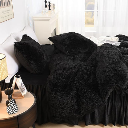 Litanika Black Fluffy Comforter King Size, Luxury Plush Faux Fur Bedding Set for King Bed, Ultra Soft Warm Velvet Fuzzy Comforter 3 Pieces(1 Shaggy Comforter 104×90 Inch, 2 Pillowcases)