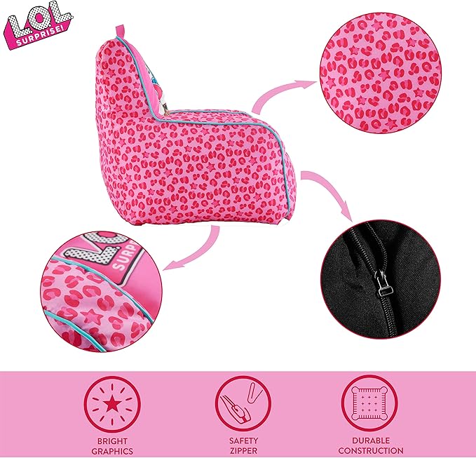 Idea Nuova LOL Surprise Kids Nylon Bean Bag Chair with Piping & Top Carry Handle, Large