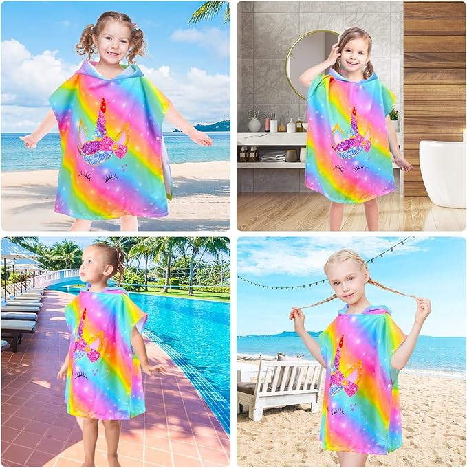 Kids Hooded Towels for Girls, Unicorn Hooded Beach Towel for Kids, Soft & Absorbent Cotton Kids Poncho Towels for 3-8 Years, 24"x24"(Rainbow Unicorn)