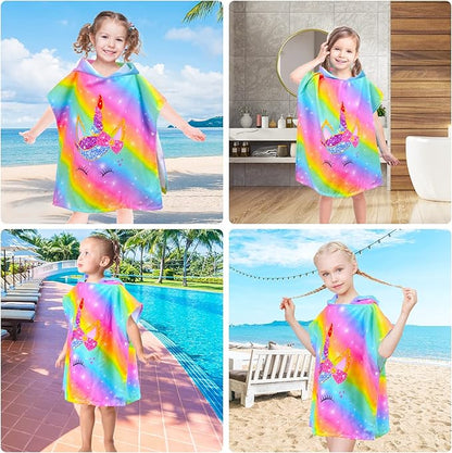 Kids Hooded Towels for Girls, Unicorn Hooded Beach Towel for Kids, Soft & Absorbent Cotton Kids Poncho Towels for 3-8 Years, 24"x24"(Rainbow Unicorn)